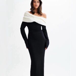 MESHKI Elegant Off-Shoulder Black and White Dress